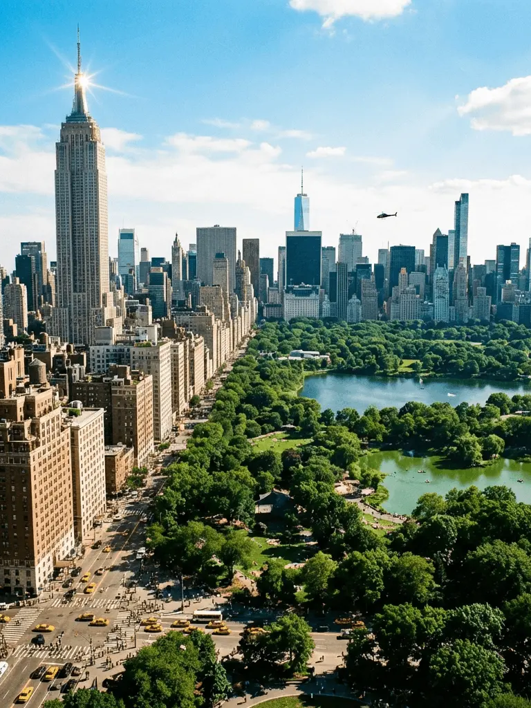 Aerial view of a city park surrounded by buildings
